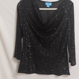 CeCe Shimmering Black Sequin Cowl Neck Top
